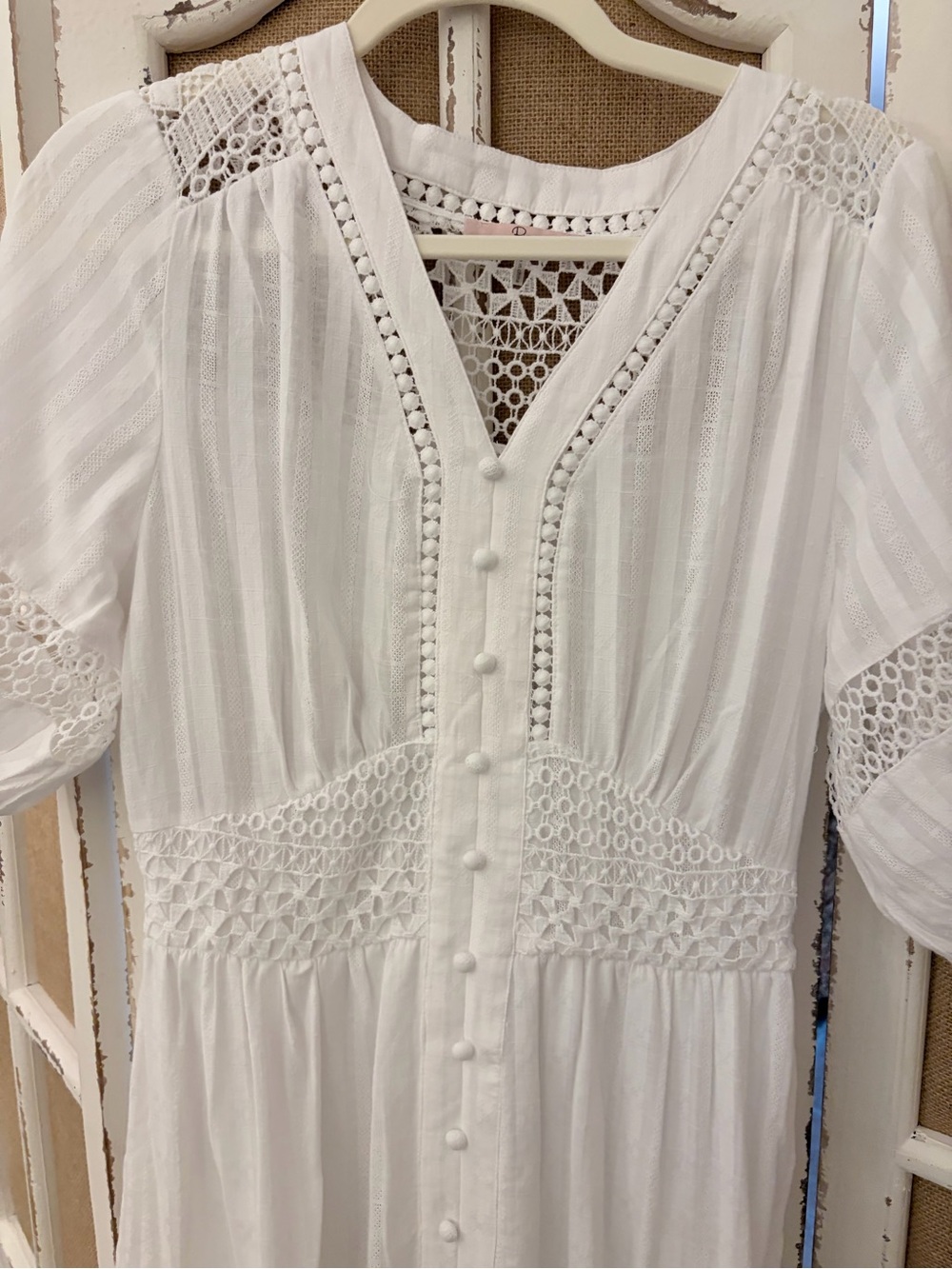Rivir White Lace Trim Button Front Boho Dress Medium